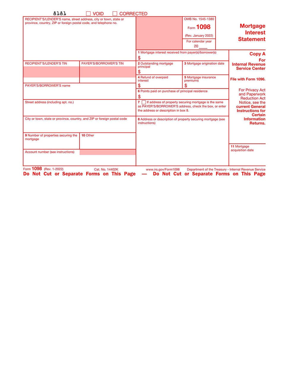 1098 Form - Mortgage Interest Statement Fillable Form