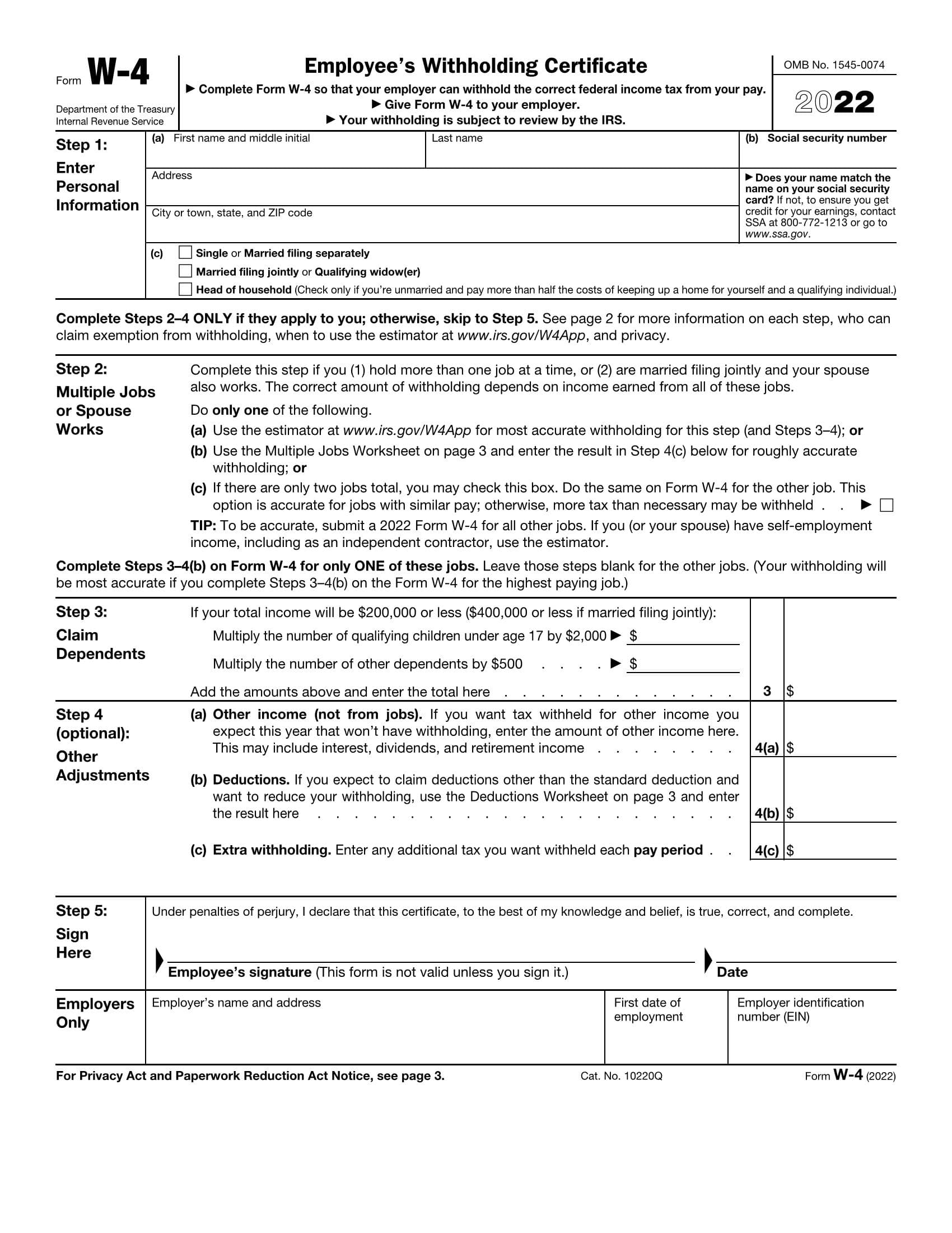 W4 Form Employee's Withholding Certificate Fillable Form