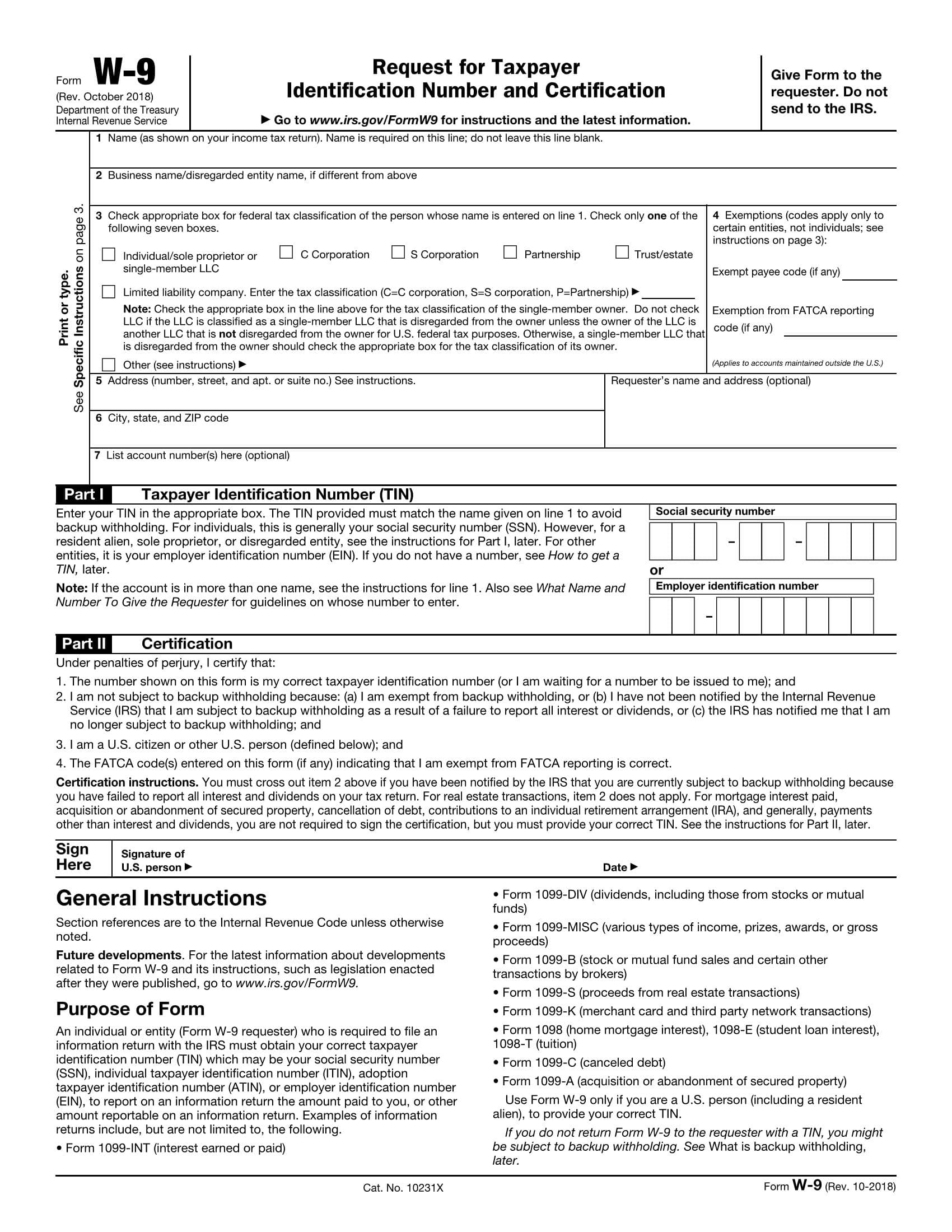 W9 Form Fillable Request for Taxpayer Identification Number (2022)